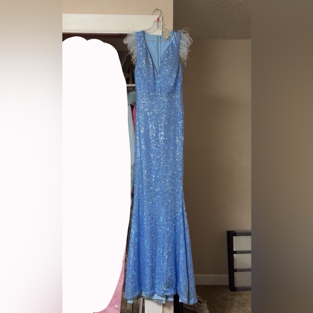 Sequined Light Blue Evening Gown with Feather Cap Sleeves